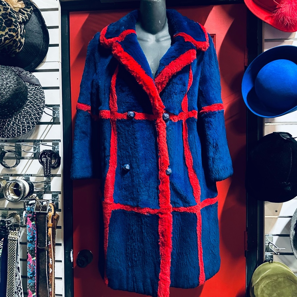 Handmade Unbranded Dyed Blue and Red Leather and Beaver Fur Coat